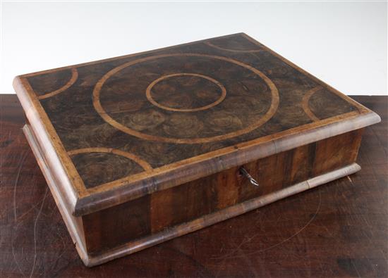A William and Mary oyster veneered rectangular lace box, 19in.